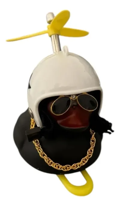 PATO DECORATIVO NEGRO CON LENTES Y CADENA Y SOPORTE PARA MANUBRIO